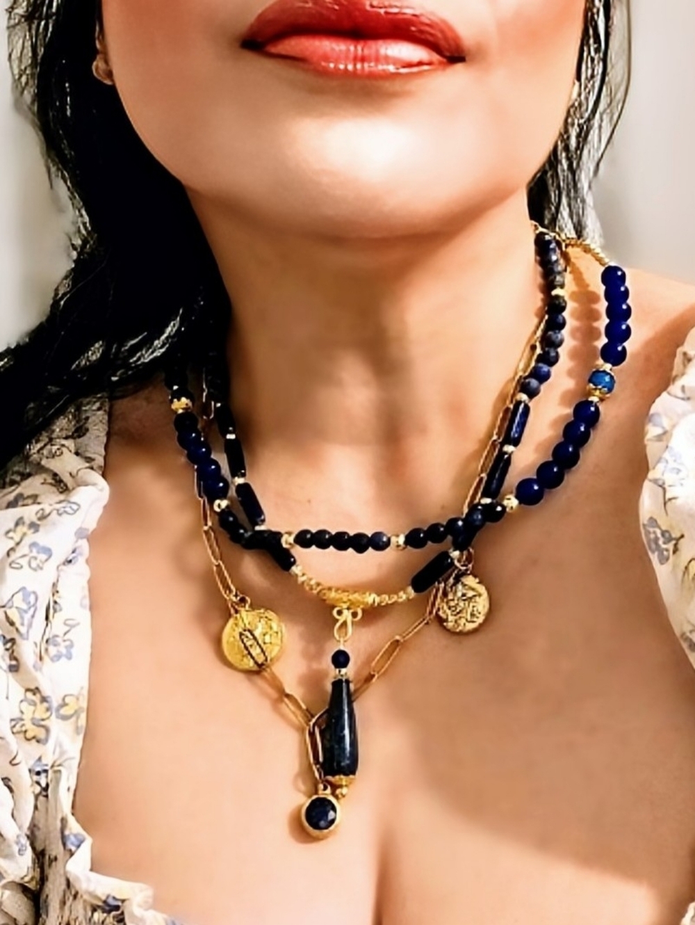 Blue Lapis Lazuli & Glass Beads In Three Strand Necklace In Gold Plated